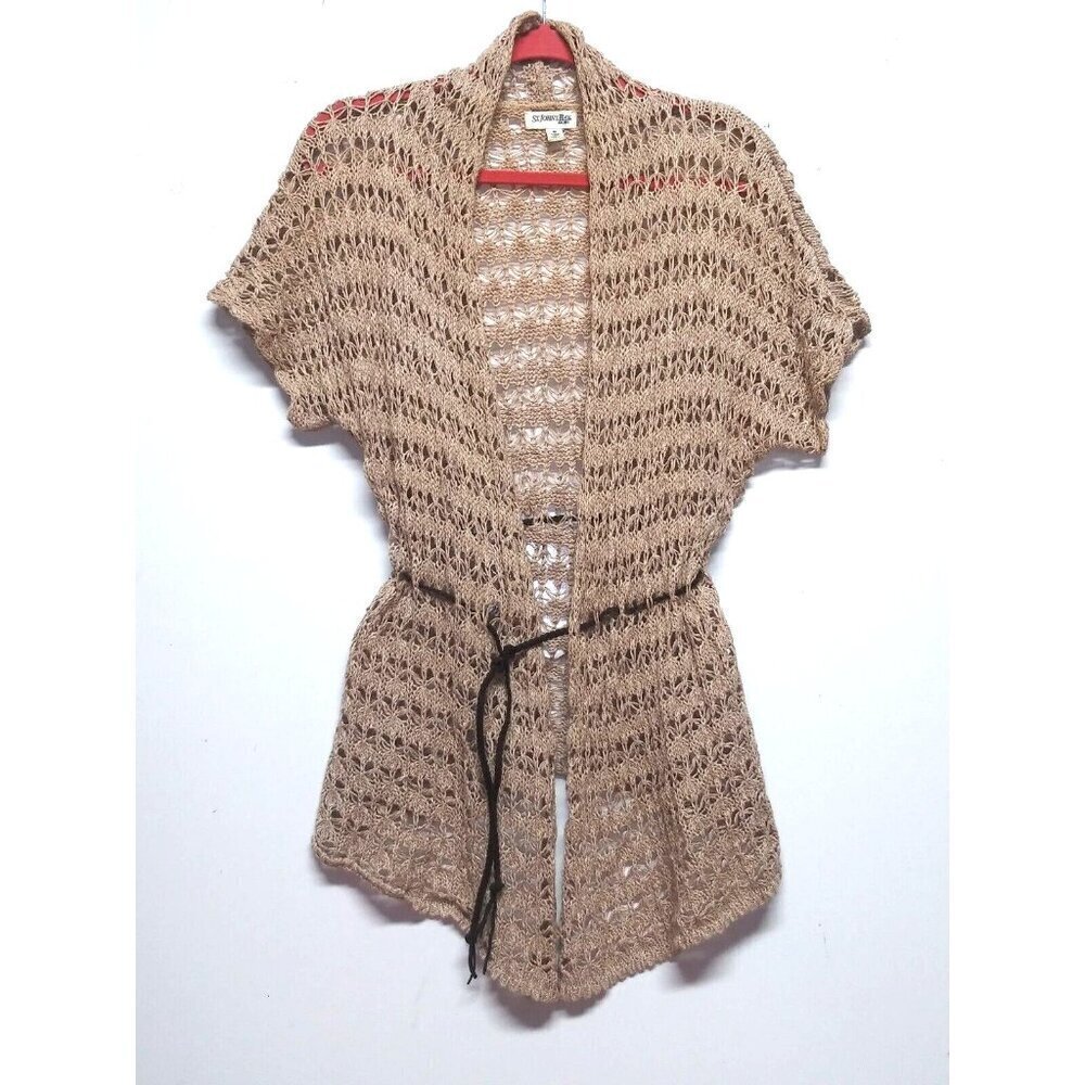 womens Cardigan Sweater Sz M Crocheted Taupe Tan Open Knit belted short sleeve